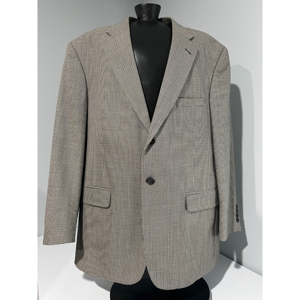 Stafford Mens Micro Houndstooth Plaid Beige Blazer Jacket 44R 100% Wool 2-Button